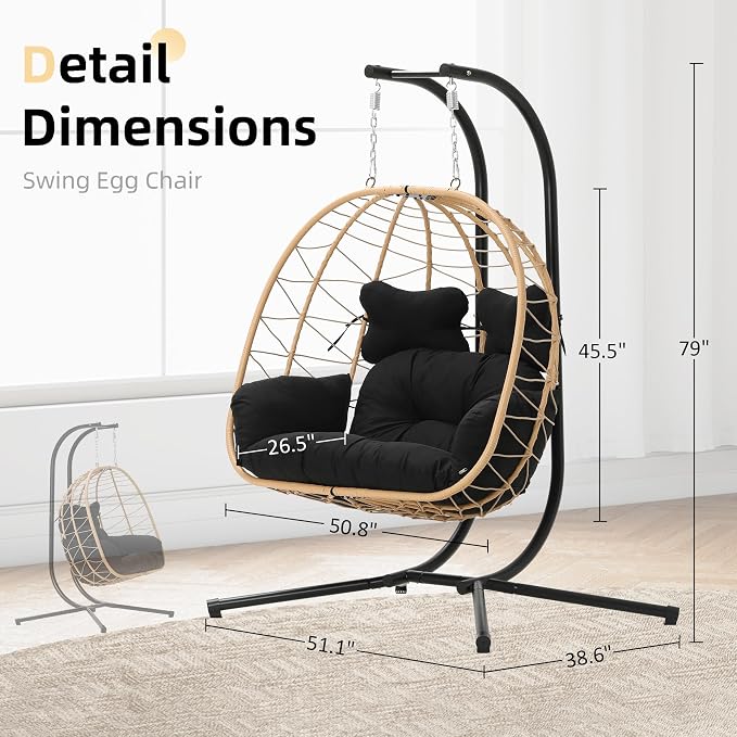 DoubleTT Double Indoor/Outdoor Wicker Swing Egg Chair Hammock Foldable Hanging - Image 5