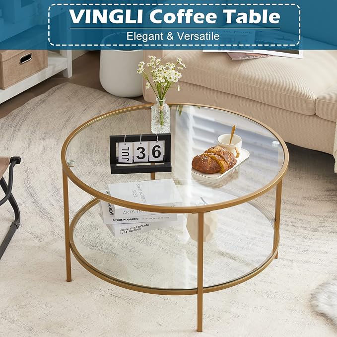VINGLI Glass Coffee Table, 2-Tier Glass Top Coffee Table - Image 5