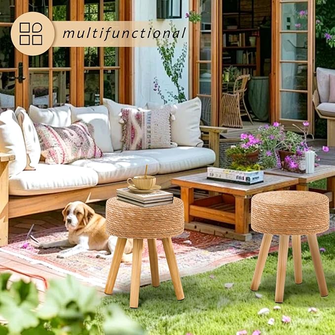 Handwoven Outdoor Ottoman, Water Hyacinth Pouf Round Patio Footstool - Image 6