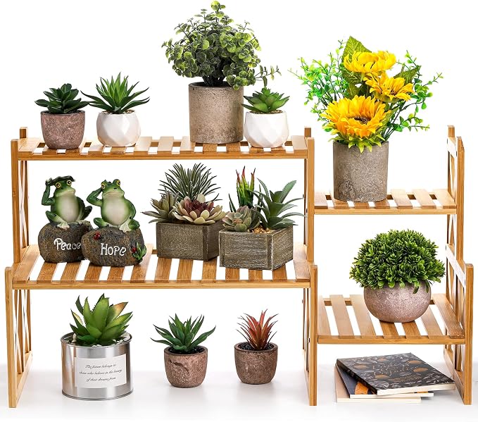 Lawei 2 Tier Bamboo Tabletop Plant Stand, Adjustable Flower Pot Holder Shelf - Image 3