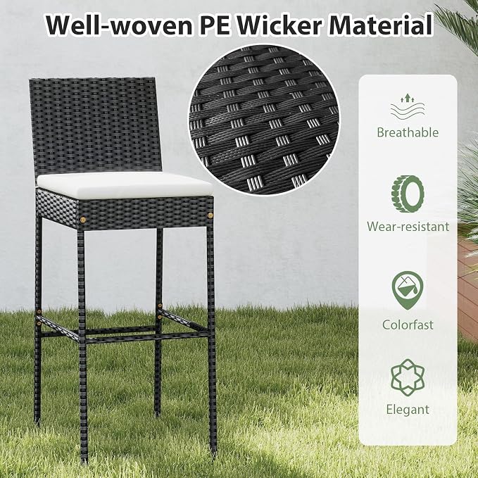COSTWAY Outdoor Wicker Bar Stools Set of 2, Footrest and Backrest, Rattan - Image 4