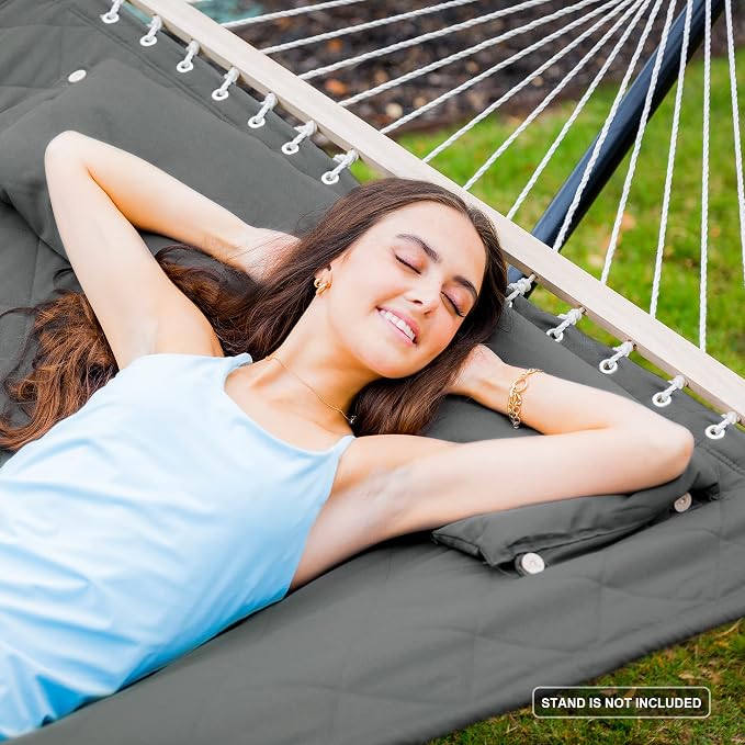 ANOW 2 Person Hammock with Spreader Bars and Detachable Pillow, Quilted Hammock - Image 2