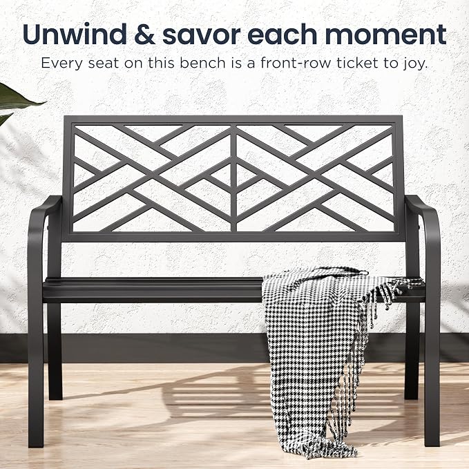 PHI VILLA 43 Inch Cast Iron Steel Frame Outdoor Garden Bench, Patio Furniture - Image 6