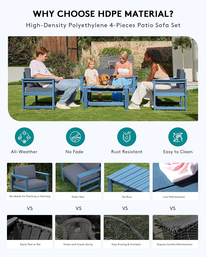 SERWALL 4 Pieces HDPE Outdoor Sofa Set - Image 4