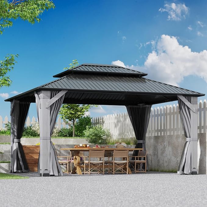 12'x16' Hardtop Wood Gazebo, Outdoor Double Roof Galvanized Steel Top Gazebo by 10x10FTHardtopWoodGazebo