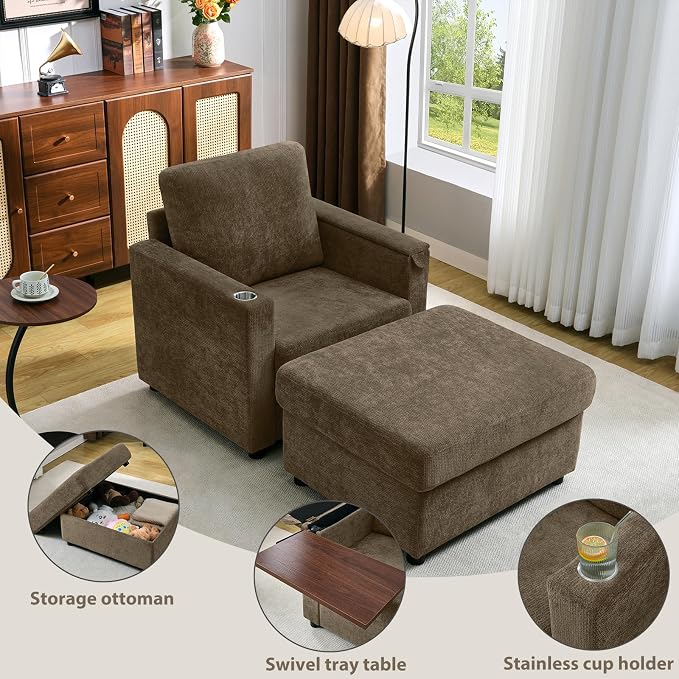 Modern Accent Chairs with Storage Ottoman Set, Chenille Reading Armchair with - Image 3