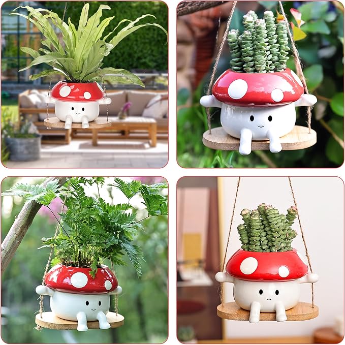 Fungi Fun Mushroom Hanging Planter Pot, Cute Ceramic Swing Face Planter - Image 2
