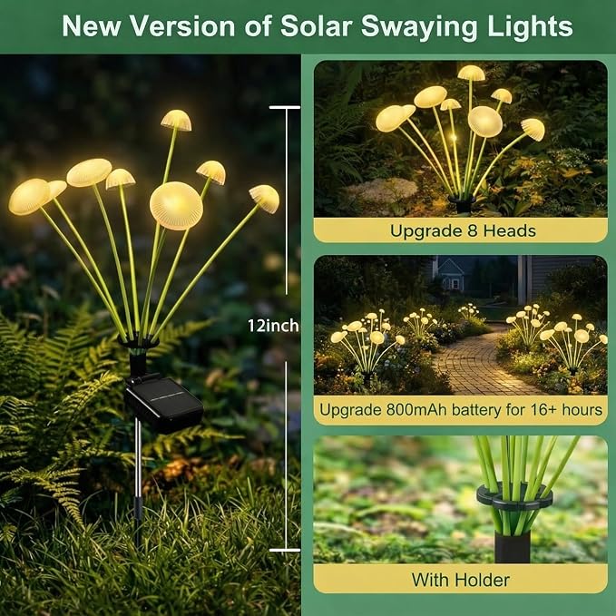 6 Pack 48LED Solar Garden Lights, 8 Lighting Modes Swaying Mushroom Lights - Image 2
