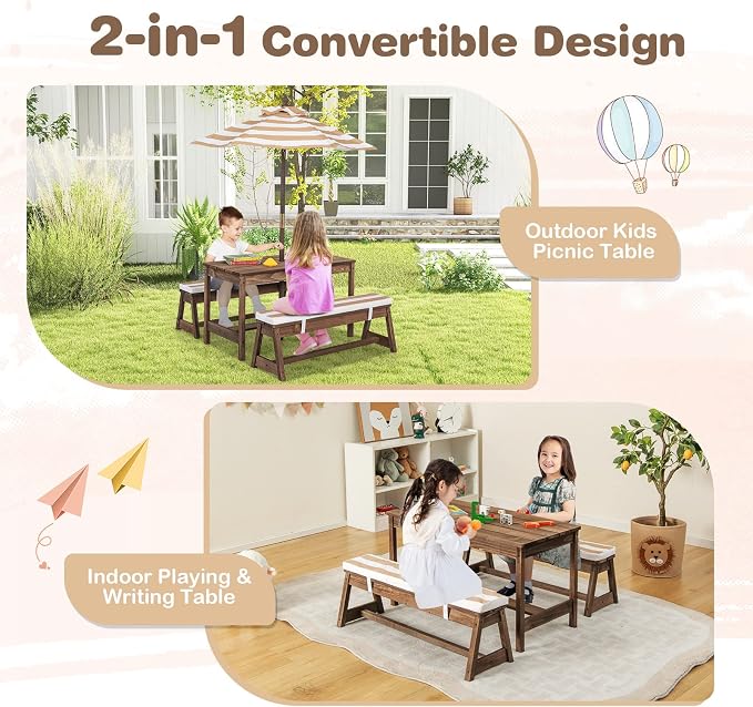 HONEY JOY Kids Picnic Table, Outdoor Wooden Table & Bench Set w/Removable - Image 2