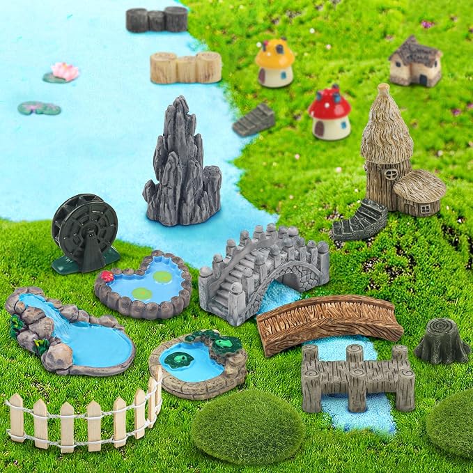 21 Pcs Fairy Garden Miniatures Accessories Bridge House Landscape Water Well - Image 3