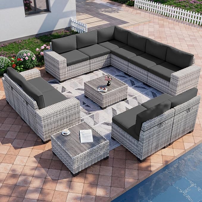 12-Piece Outdoor Patio Furniture Set Wicker Sectional Sofa Set, Patio by MuphyersPatioFurniture