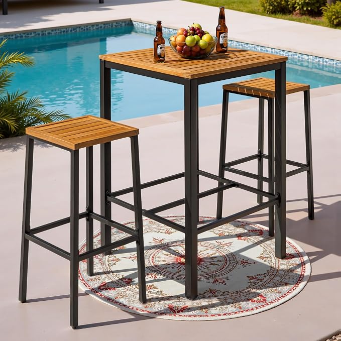 Devoko Acacia Wood Outdoor Patio Bar Set - Image 7