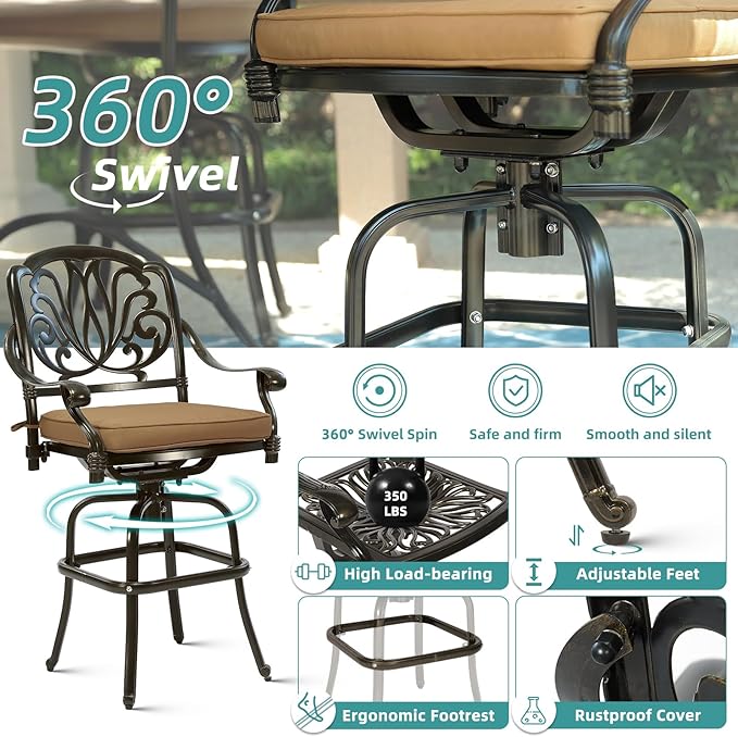 MEETWARM 2 Piece Outdoor Patio Swivel Bar Stools, All-Weather Cast Aluminum Bar - Image 5