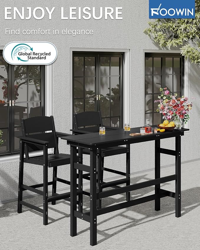 FOOWIN 3 Piece Outdoor Bar Height Table and Chairs, All Weather HDPE Patio Bar - Image 3