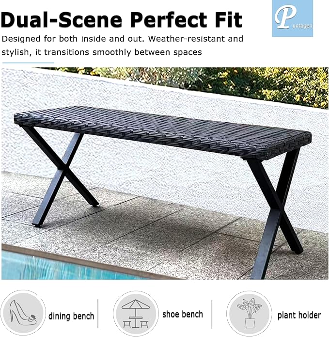 46” Black Rattan Bench with Metal X-Legs Set of 2, Wicker Frame Patio Bench - Image 6