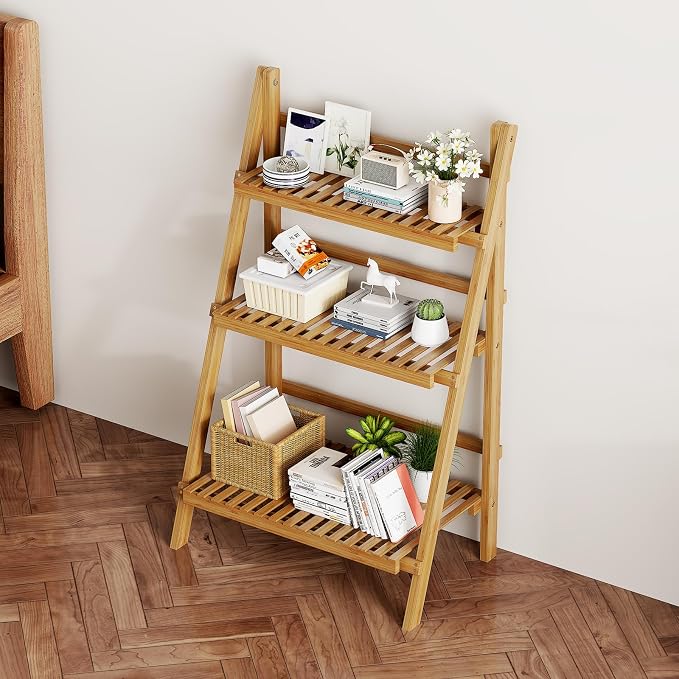 39.4" Foldable Plant Shelf Ladder Shelf, 3 Tier Bamboo Ladder Flower Pot - Image 9