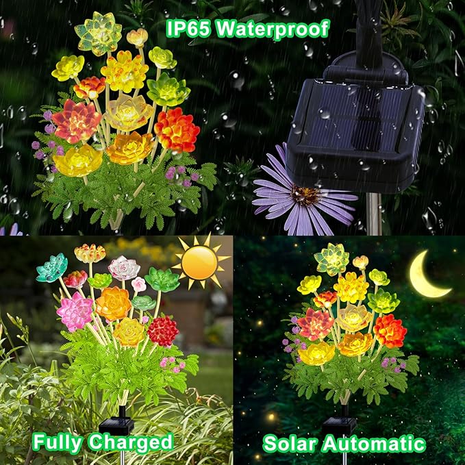 Solar Garden Lights Outdoor, 2 Pack Upgraded Succulent Solar Flowers Outside - Image 5