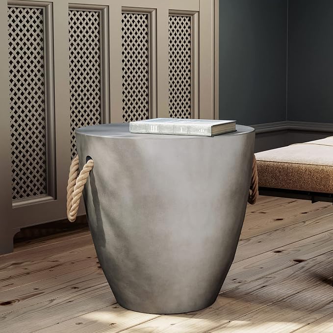 COSIEST Set of 2 Outdoor Cup Shaped Side Table, Concrete Side Table w Hemp Rope - Image 6