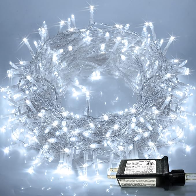 JMEXSUSS 300 LED Christmas Lights Clear Wire, 8 Modes White Christmas String by JMEXSUSS