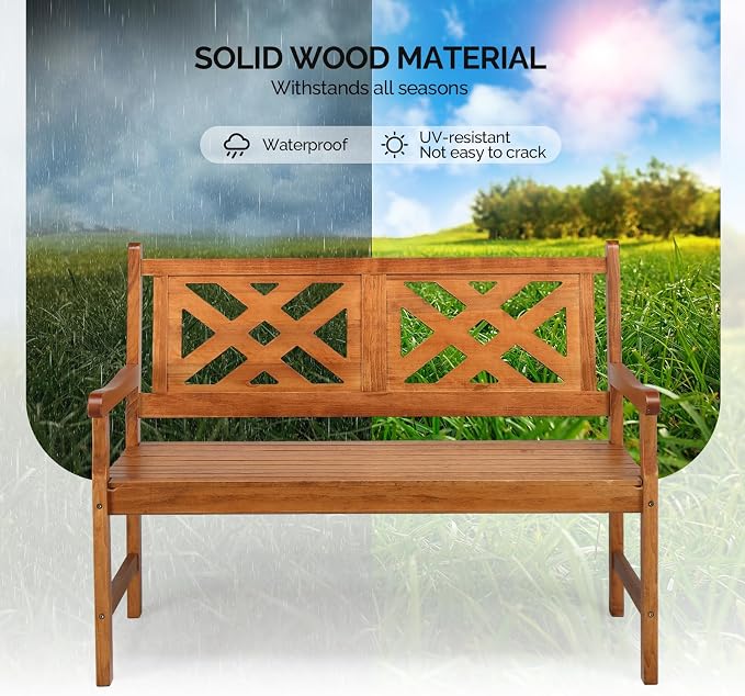 VINGLI 50" Outdoor Wood Bench, Weatehr Resistant Wooden Garden Patio Bench - Image 6