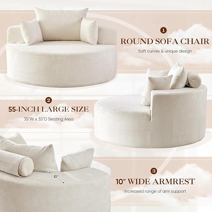 Antetek Oversized Round Chaise Longue Chair Indoor, Modern 55-inch Upholstered - Image 5