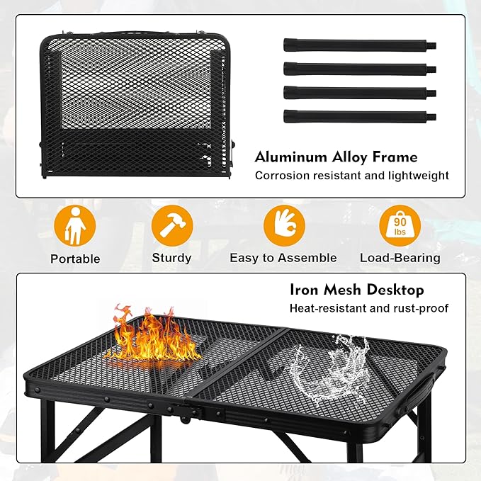 Camping Table with Mesh Desktop, Lightweight & Portable Small Folding Grill - Image 4