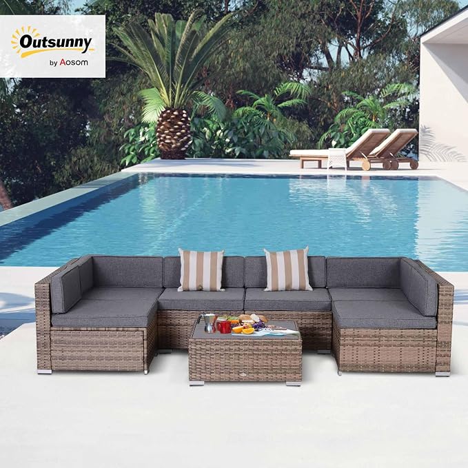Outsunny 7 Piece Patio Furniture Set, Wicker Outdoor Sectional Sofa Set - Image 2