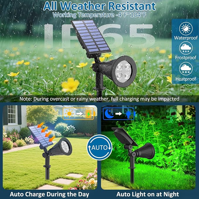 T-SUNUS Green Solar Landscape Spot Lights 4 Pack, IP65 Waterproof Garden - Image 4