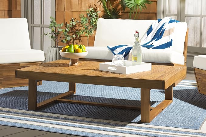 SAFAVIEH Outdoor Collection Duncan Natural Brown Slatted Top Solid Wood Coffee - Image 2