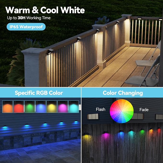 Bridika Solar Fence Lights, Outdoor Waterproof Warm White & Color Glowt - Image 2
