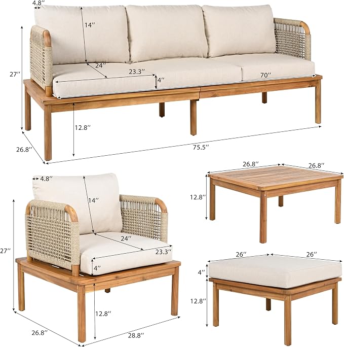 5-Piece Acacia Wood and Rope Patio Sofa Set, Outdoor Conversation Set - Image 3