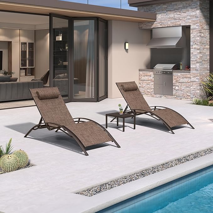 PURPLE LEAF Outdoor Oversized Chaise Lounge Chair Set of 3 Patio Pool Lounger by PURPLELEAF