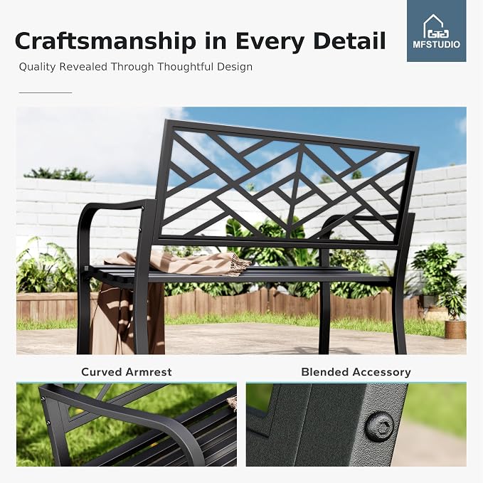 MFSTUDIO Outdoor Metal Bench Set of 2, Garden Patio 43.7 Inches Cast Iron Metal - Image 8