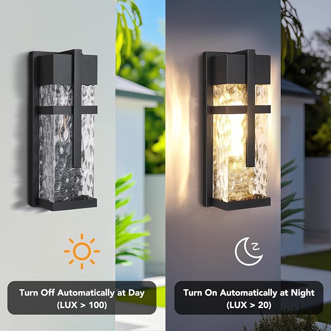 Hammered Glass Outdoor Wall Lantern, Dusk to Dawn Wall Sconce Lighting - Image 2