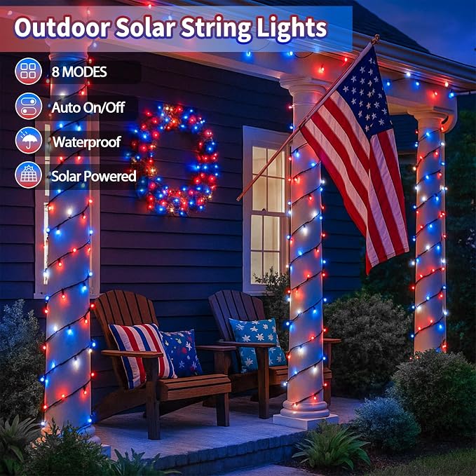 4 Pack Red White and Blue Solar String Lights, 320LED 180FT 4th of July - Image 3