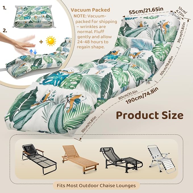 Waterproof Outdoor Chaise Lounge Chair Cushion 75.1 x 22 x 4.72 Inches UV - Image 3