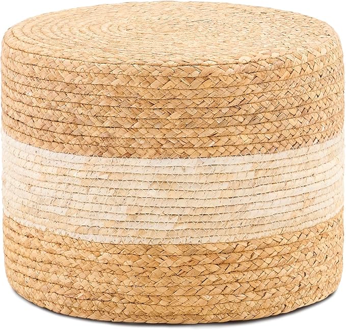 Handwoven Water Hyacinth Ottoman Pouf, Round Outdoor Footstool by LGENHOOMHandwovenNaturalWaterHyacinthBasket