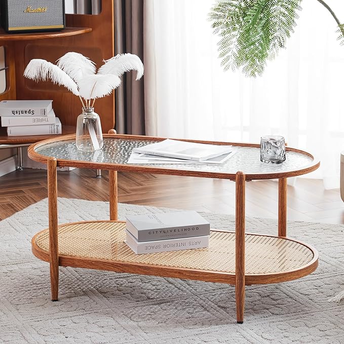VINGLI 38" Rattan Oval Coffee Table, Water-Wave Glass Metal Center Table - Image 7