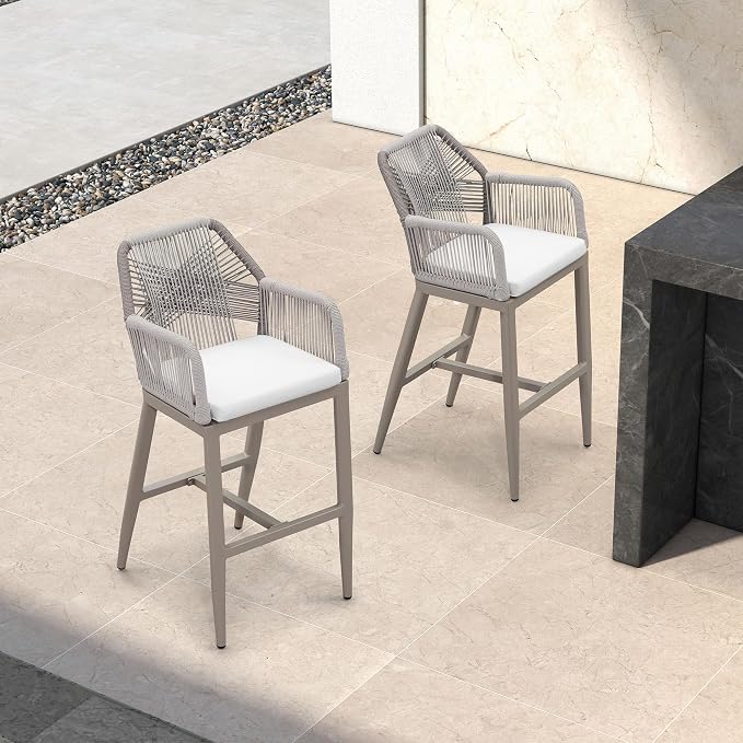 PURPLE LEAF Patio Bar Height Stool 28" H Boho 1 Piece Rattan Aluminum Tall Bar - Image 2