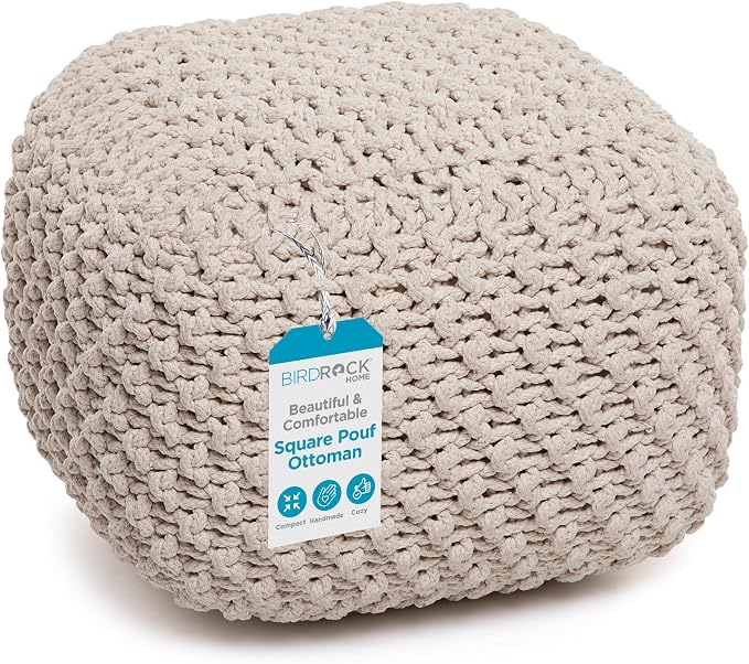 BIRDROCK HOME Square Pouf Ottoman | Cotton Braided Foot Stool by BIRDROCKHOME