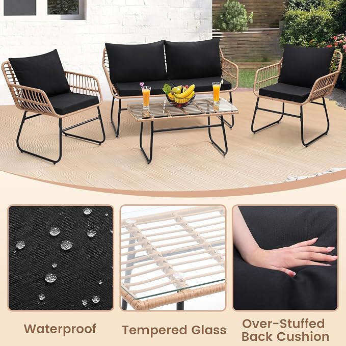 Kromax 4 Piece Patio Bistro Outdoor Furniture Set, Wicker Sofa, 2 Rattan Chairs - Image 4