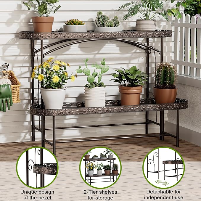 Plant Stand Outdoor Indoor 2 Tier Metal Pland Stand, Detachable Heavy Duty Tall - Image 3