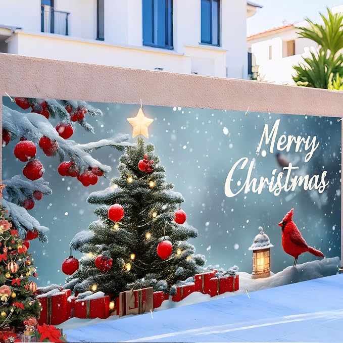 Christmas Garage Door Banner 6x13FT, Cardinal Bird & Ornament Christmas Tree - Image 6