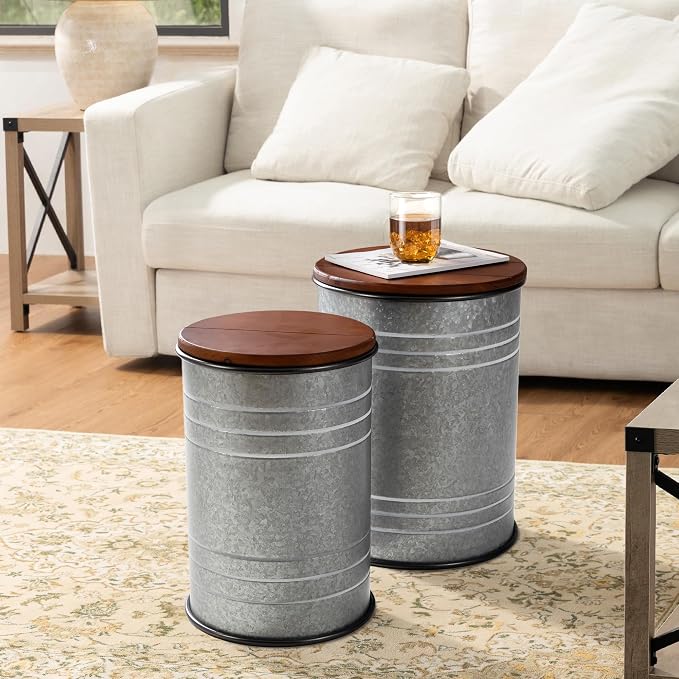 Glitzhome Rustic End Table Set of 2, Farmhouse Galvanized Metal Barrel Ottoman - Image 10