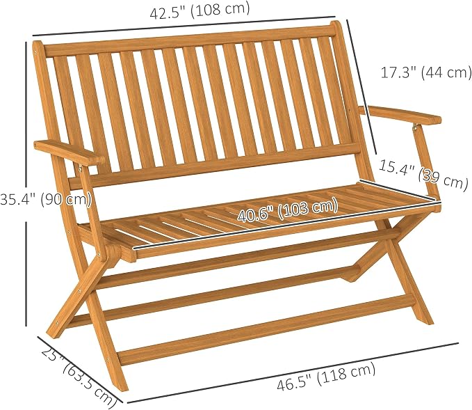 Outsunny Wood Outdoor Bench, 2-Person Foldable Patio Acacia Wood Garden Bench - Image 7