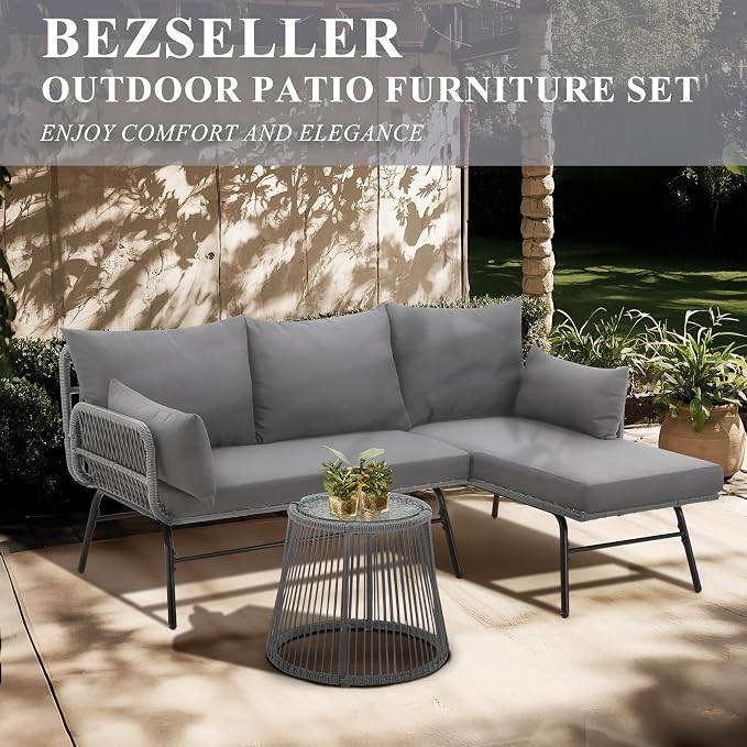 Bezseller 3-Piece Outdoor Patio Furniture Set – L-Shaped Rattan Sectional Sofa - Image 7