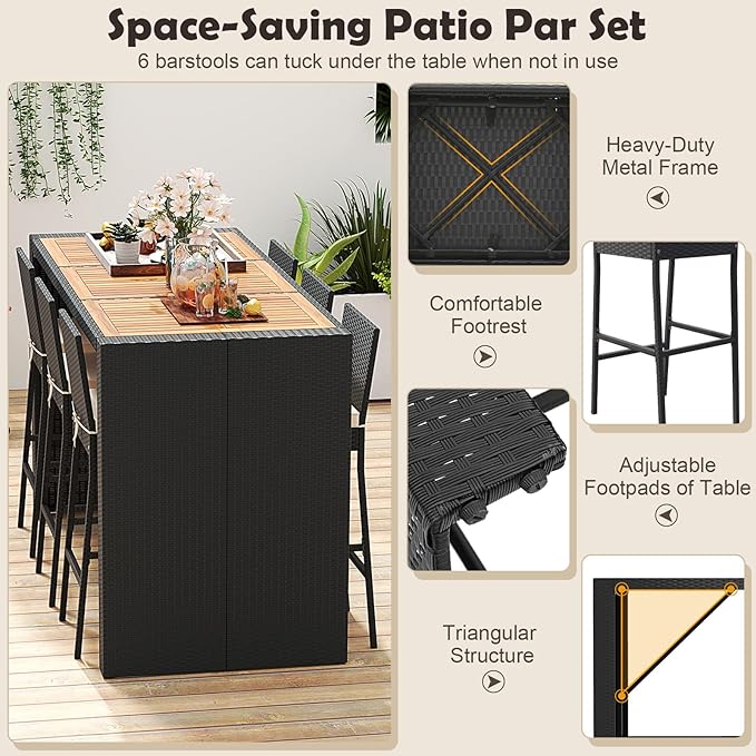 Tangkula 7 Piece Patio Wicker Bar Set, Patiojoy Outdoor Acacia Wood Bar Height - Image 7