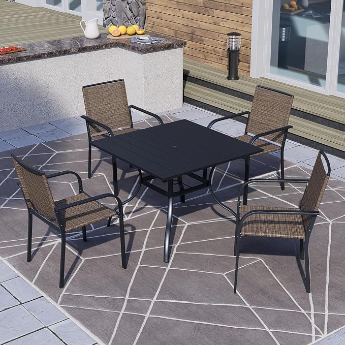 5 Piece Patio Dining Set, Outdoor Black Sling Stackable Chairs and 35" Square - Image 7