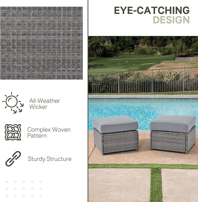SUNSITT Outdoor Patio Ottoman Set of 2, All Weather Rattan Outdoor Ottoman Set - Image 5