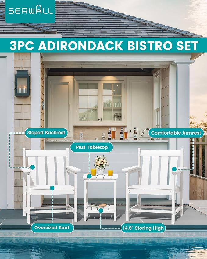 SEWRWALL 3 Pieces Patio Bistro Set, All Weather Adirondack Chair Set - Image 3